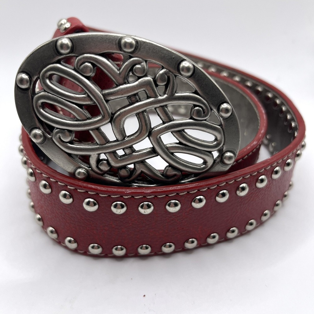 Kathy van Zeeland Statement Belt Small Red Silver Buckle Studs Wide Faux Leather